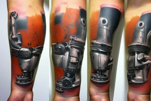 Minimalist piece in the style of Jenny Saviile on the left forearm that showes Pieces of rust are being ripped violently away from a robot that has just learned emotions tattoo idea