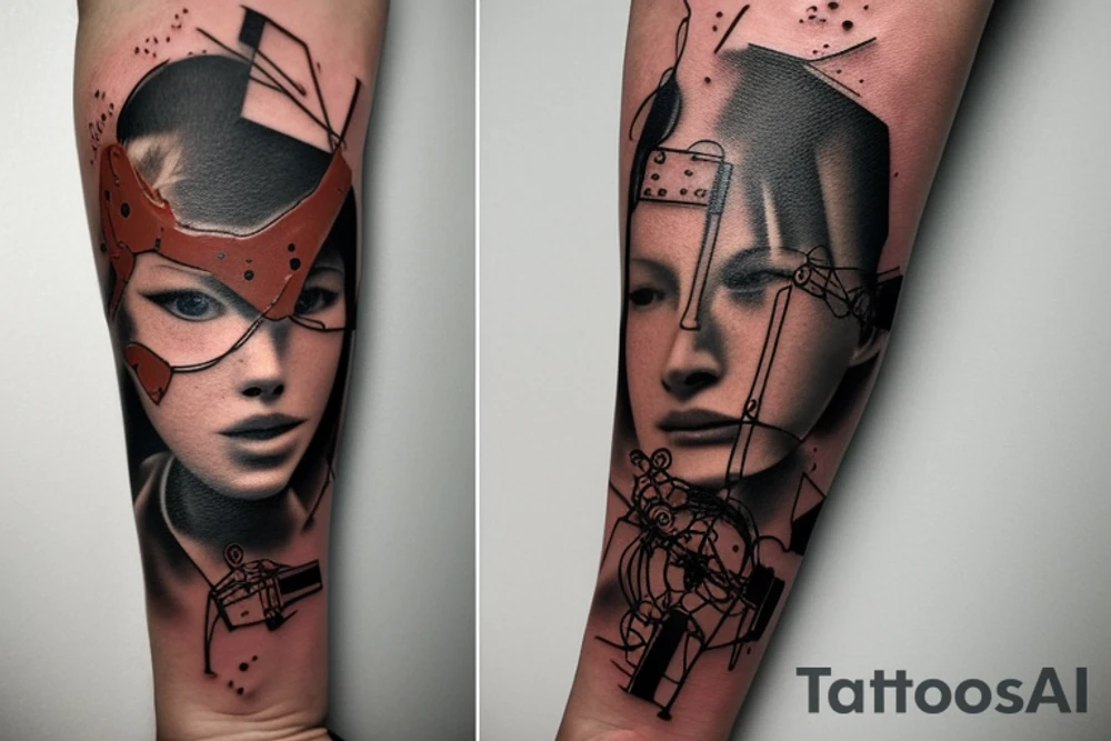 Minimalist piece in the style of Jenny Saviile on the left forearm that showes Pieces of rust are being ripped violently away from a robot that has just learned emotions tattoo idea