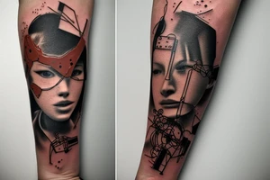 Minimalist piece in the style of Jenny Saviile on the left forearm that showes Pieces of rust are being ripped violently away from a robot that has just learned emotions tattoo idea