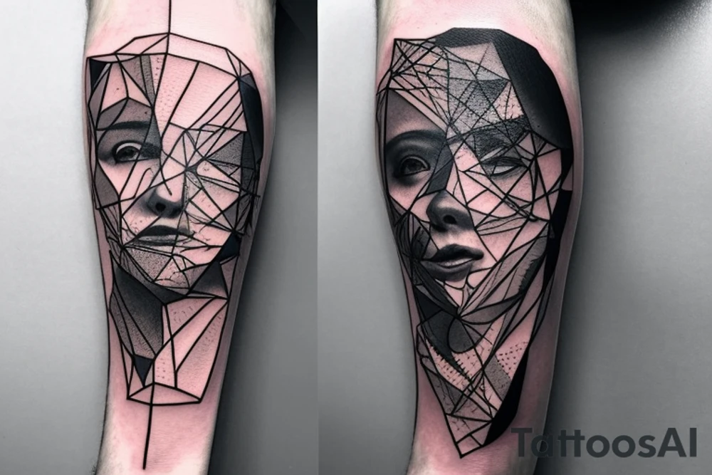 Macro decompression in the form of pieces falling off a man that is coming back together on the left forearm tattoo idea