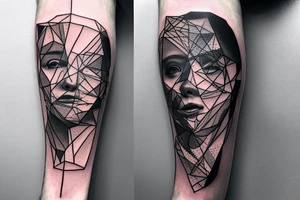 Macro decompression in the form of pieces falling off a man that is coming back together on the left forearm tattoo idea