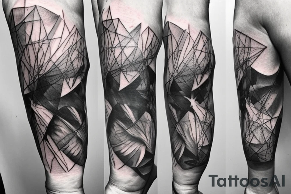 Macro decompression in the form of pieces falling off a man that is coming back together on the left forearm tattoo idea