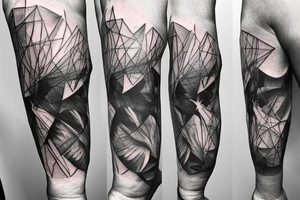 Macro decompression in the form of pieces falling off a man that is coming back together on the left forearm tattoo idea