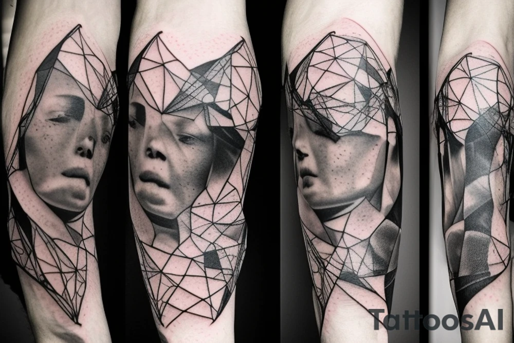 Macro decompression in the form of pieces falling off a man that is coming back together on the left forearm tattoo idea