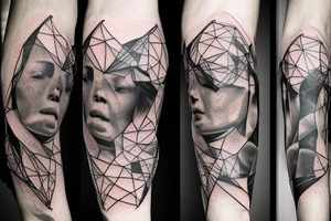 Macro decompression in the form of pieces falling off a man that is coming back together on the left forearm tattoo idea