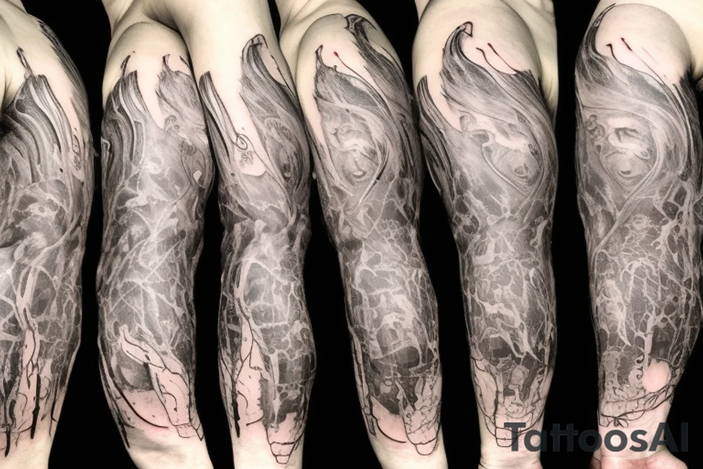 Macro decompression in the form of pieces falling off a man that is coming back together on the left forearm tattoo idea