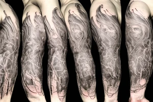 Macro decompression in the form of pieces falling off a man that is coming back together on the left forearm tattoo idea