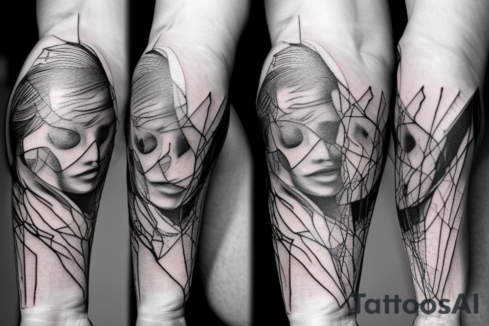 Macro decompression in the form of pieces falling off a man that is coming back together on the left forearm tattoo idea