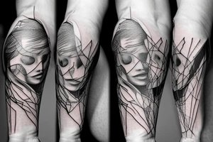 Macro decompression in the form of pieces falling off a man that is coming back together on the left forearm tattoo idea