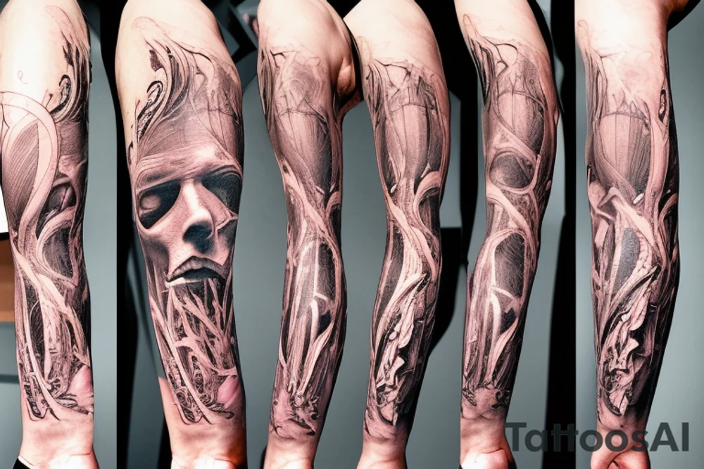Macro decompression in the form of pieces falling off a man that is coming back together on the left forearm tattoo idea
