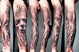 Macro decompression in the form of pieces falling off a man that is coming back together on the left forearm tattoo idea