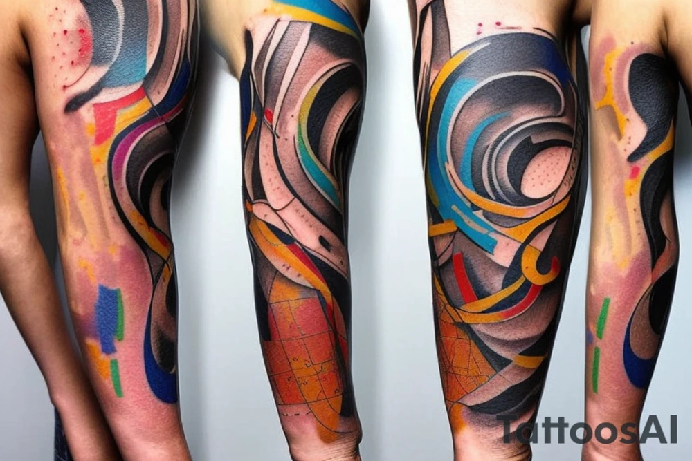 a 3 to 6 inch tattoo of macro decompression in the form of pieces falling off a man that is coming back together on the left forearm tattoo idea