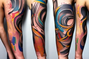 a 3 to 6 inch tattoo of macro decompression in the form of pieces falling off a man that is coming back together on the left forearm tattoo idea