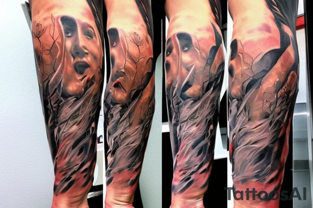 a 3 to 6 inch tattoo of macro decompression in the form of pieces falling off a man that is coming back together on the left forearm tattoo idea