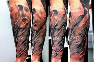a 3 to 6 inch tattoo of macro decompression in the form of pieces falling off a man that is coming back together on the left forearm tattoo idea