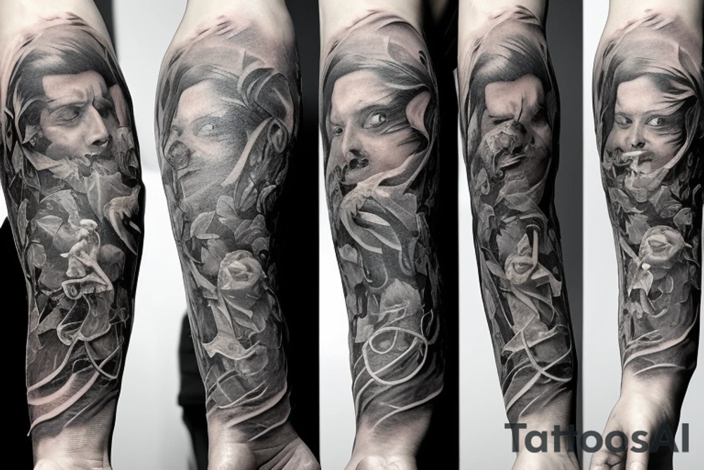 a 3 to 6 inch tattoo of macro decompression in the form of pieces falling off a man that is coming back together on the left forearm tattoo idea