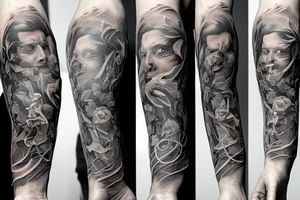 a 3 to 6 inch tattoo of macro decompression in the form of pieces falling off a man that is coming back together on the left forearm tattoo idea