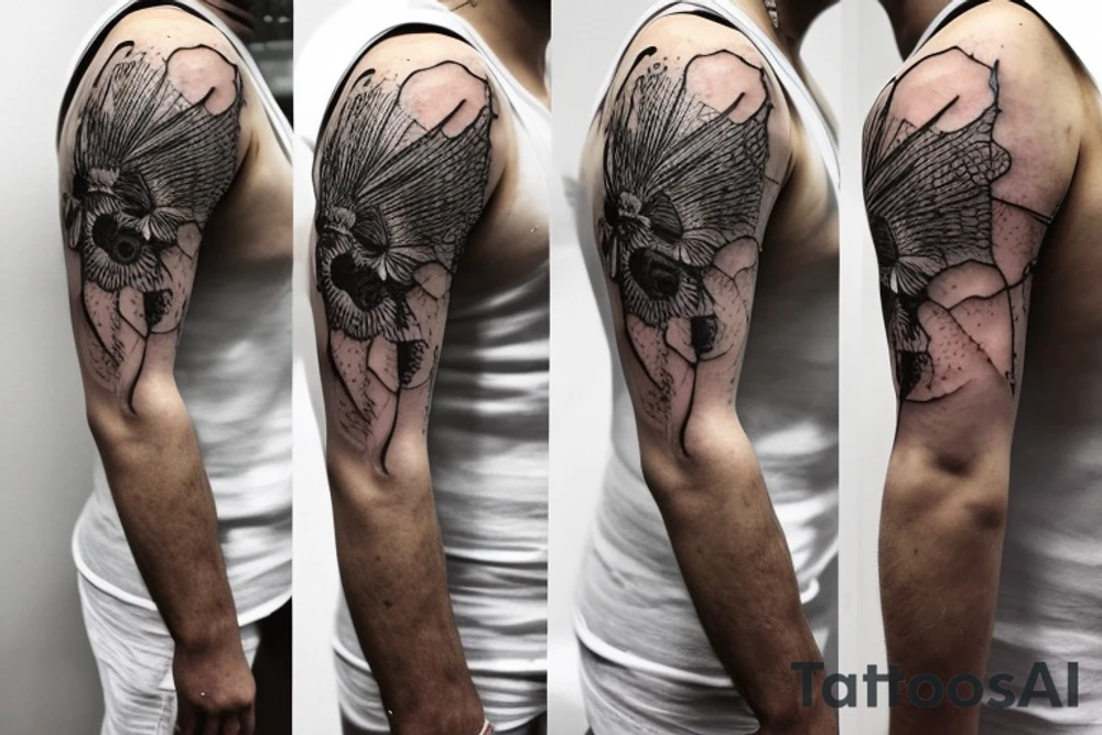 a 3 to 6 inch tattoo of macro decompression in the form of pieces falling off a man that is coming back together on the left forearm tattoo idea