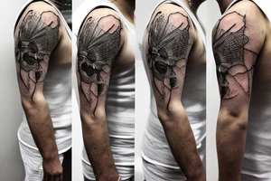 a 3 to 6 inch tattoo of macro decompression in the form of pieces falling off a man that is coming back together on the left forearm tattoo idea