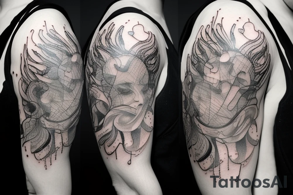 a 3 to 6 inch tattoo of macro decompression in the form of pieces falling off a person that is beginning to form their consciousness tattoo idea