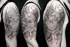 a 3 to 6 inch tattoo of macro decompression in the form of pieces falling off a person that is beginning to form their consciousness tattoo idea