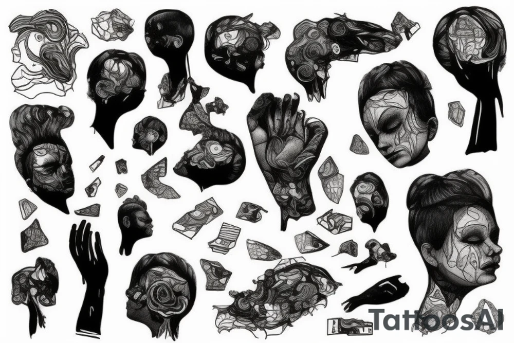 small piece of art about 
macro decompression in the form of pieces falling off a person that is beginning to form their consciousness tattoo idea