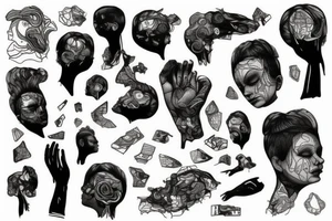 small piece of art about 
macro decompression in the form of pieces falling off a person that is beginning to form their consciousness tattoo idea
