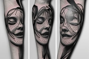 small piece of art about 
macro decompression in the form of pieces falling off a person that is beginning to form their consciousness on left forearm tattoo idea