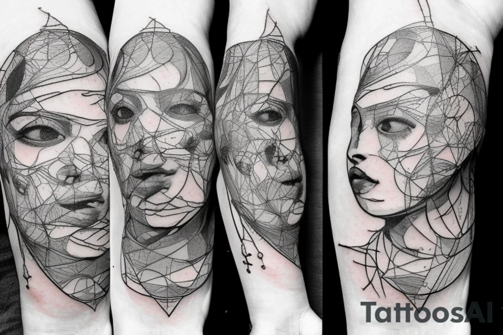 small piece of art about 
macro decompression in the form of pieces falling off a person that is beginning to form their consciousness on left forearm tattoo idea