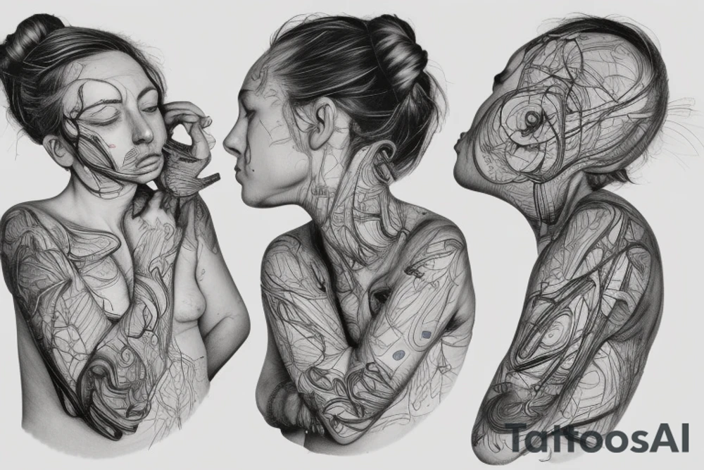 small piece of art about 
macro decompression in the form of pieces falling off a person that is beginning to form their consciousness on left forearm tattoo idea