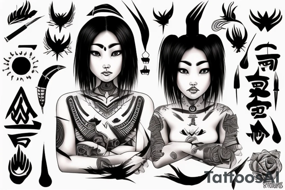 an Asian girl with small sharp horns on her head, with an emotion of rage on her face, without pupils, with makeup in the form of arrows on her eyes, with a tattoo of hieroglyphs on her neck and curly short hair. tattoo idea