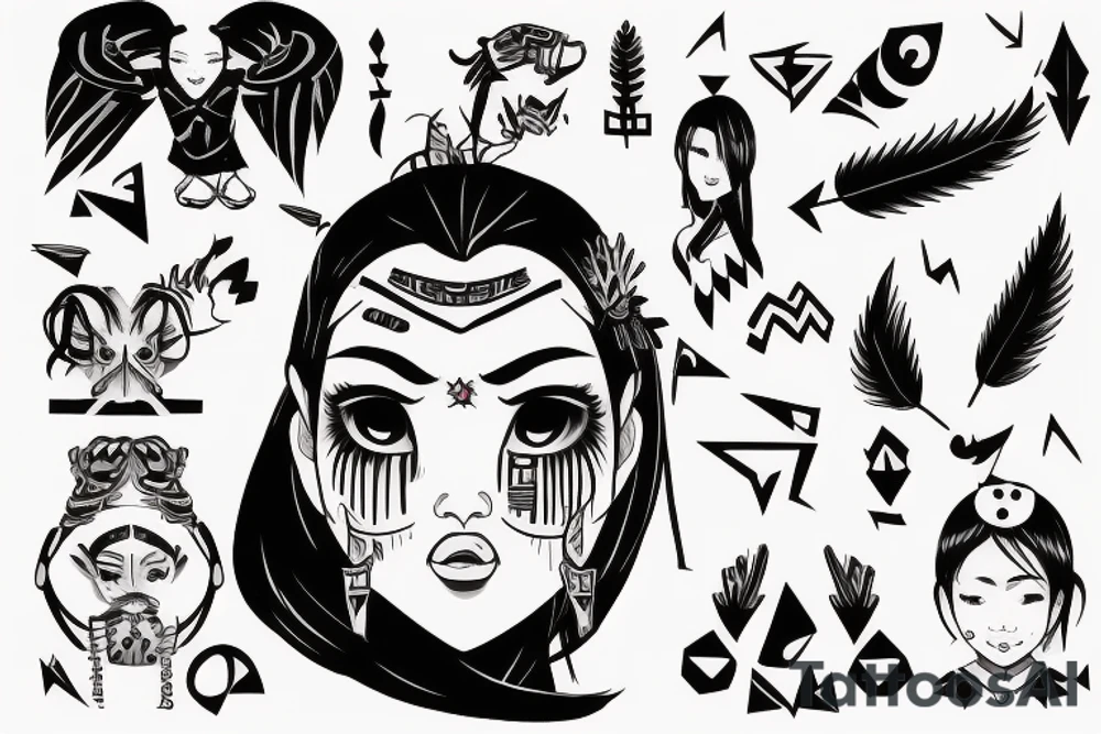 an Asian girl with small sharp horns on her head, with an emotion of rage on her face, without pupils, with makeup in the form of arrows on her eyes, with a tattoo of hieroglyphs on her neck and curly short hair. tattoo idea