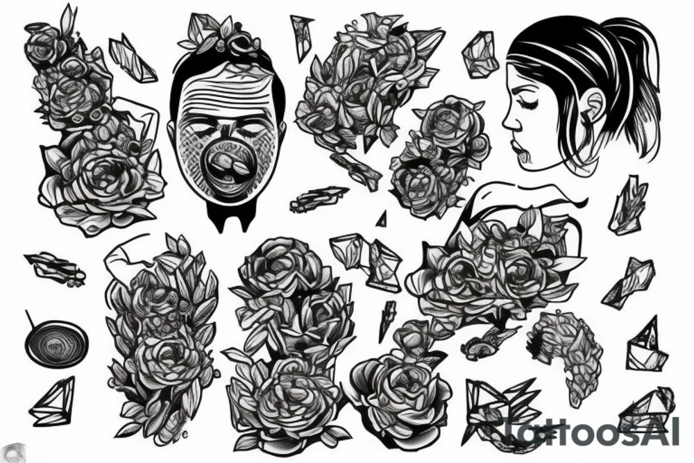 small piece of art about 
macro decompression in the form of pieces falling off a person that is beginning to form their consciousness on left forearm tattoo idea