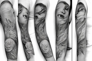 small piece of art about 
macro decompression in the form of pieces falling off a person that is beginning to form their consciousness on left forearm tattoo idea