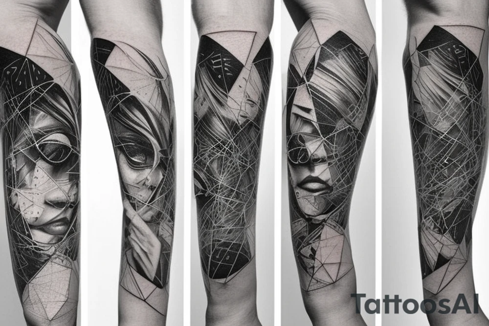 small piece of art about 
macro decompression in the form of pieces falling off a person that is beginning to form their consciousness on left forearm tattoo idea