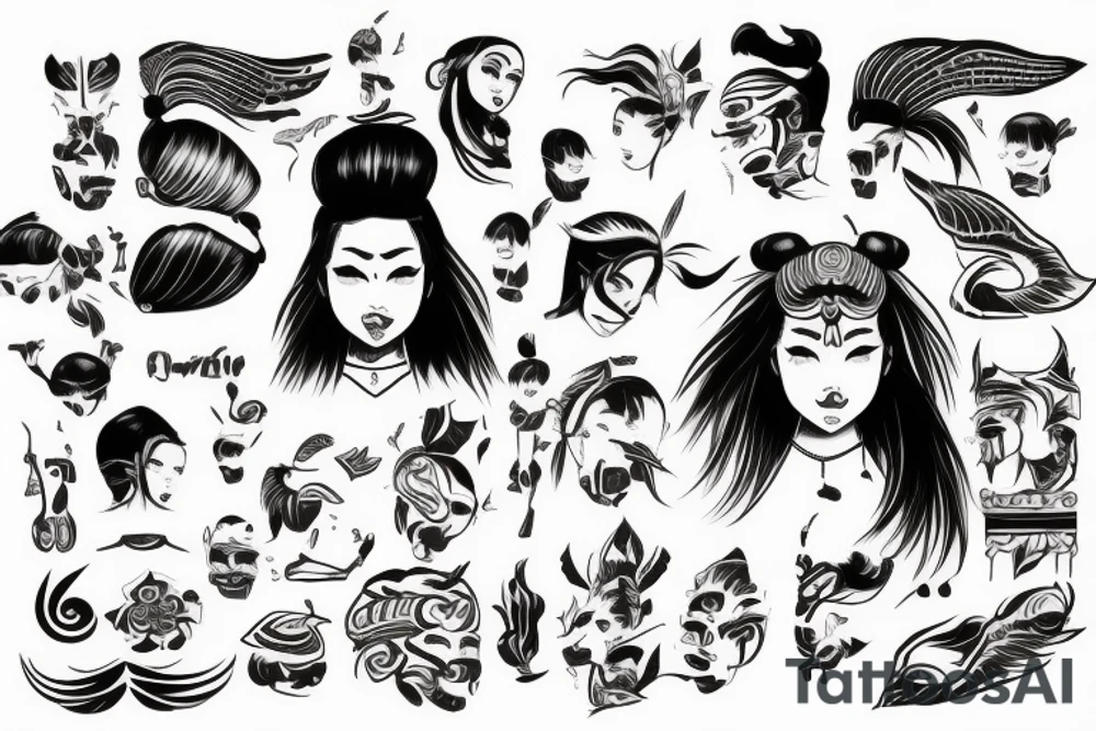 an Asian girl with small sharp horns on her head, with an emotion of rage on her face, without pupils, with a tattoo of hieroglyphs on her neck and curly short hair. tattoo idea
