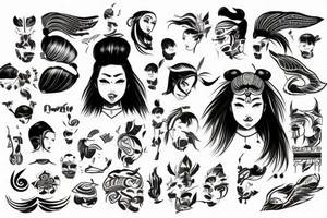 an Asian girl with small sharp horns on her head, with an emotion of rage on her face, without pupils, with a tattoo of hieroglyphs on her neck and curly short hair. tattoo idea