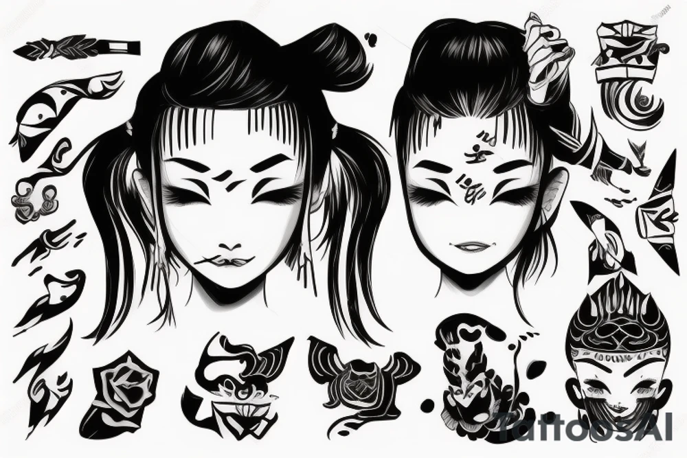 an Asian girl with small sharp horns on her head, with an emotion of rage on her face, without pupils, with a tattoo of hieroglyphs on her neck and curly short hair. tattoo idea