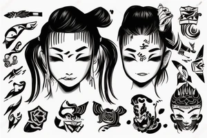 an Asian girl with small sharp horns on her head, with an emotion of rage on her face, without pupils, with a tattoo of hieroglyphs on her neck and curly short hair. tattoo idea