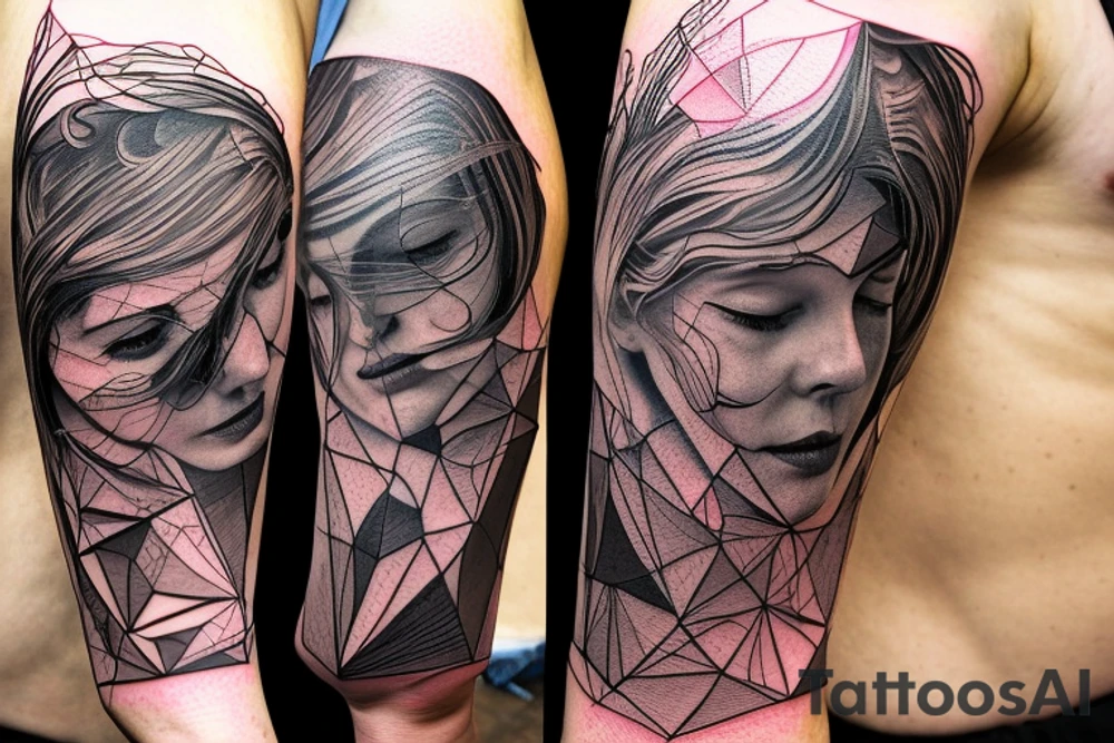 small piece of art about 
macro decompression in the form of pieces falling off a person that is beginning to form their consciousness on left forearm tattoo idea