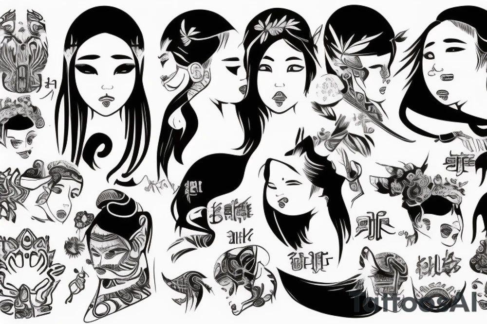 an Asian girl with small sharp horns on her head, with an emotion of rage on her face, without pupils, with a tattoo of hieroglyphs on her neck and curly short hair. tattoo idea
