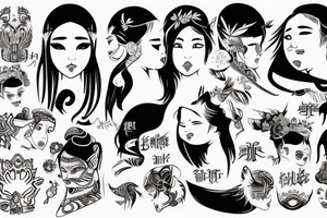 an Asian girl with small sharp horns on her head, with an emotion of rage on her face, without pupils, with a tattoo of hieroglyphs on her neck and curly short hair. tattoo idea