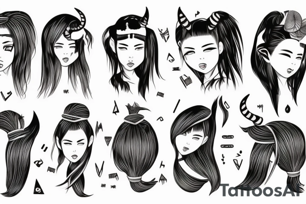an Asian girl with small sharp horns on her head, with an emotion of rage on her face, without pupils, with a tattoo of hieroglyphs on her neck and curly short hair. tattoo idea