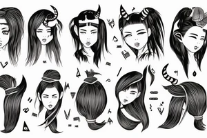 an Asian girl with small sharp horns on her head, with an emotion of rage on her face, without pupils, with a tattoo of hieroglyphs on her neck and curly short hair. tattoo idea