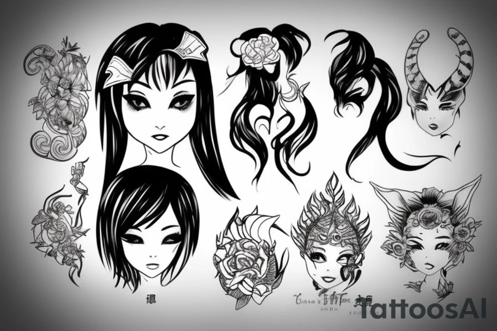 An evil Asian girl with small, sharp horns on her head, no pupils, and curly short hair. tattoo idea