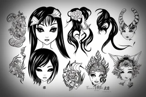 An evil Asian girl with small, sharp horns on her head, no pupils, and curly short hair. tattoo idea