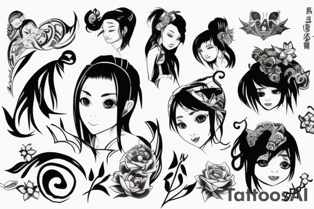 An evil Asian girl with small, sharp horns on her head, no pupils, and curly short hair. tattoo idea