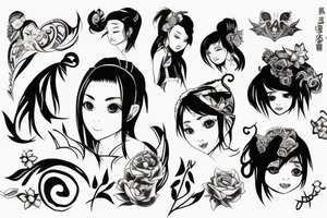 An evil Asian girl with small, sharp horns on her head, no pupils, and curly short hair. tattoo idea