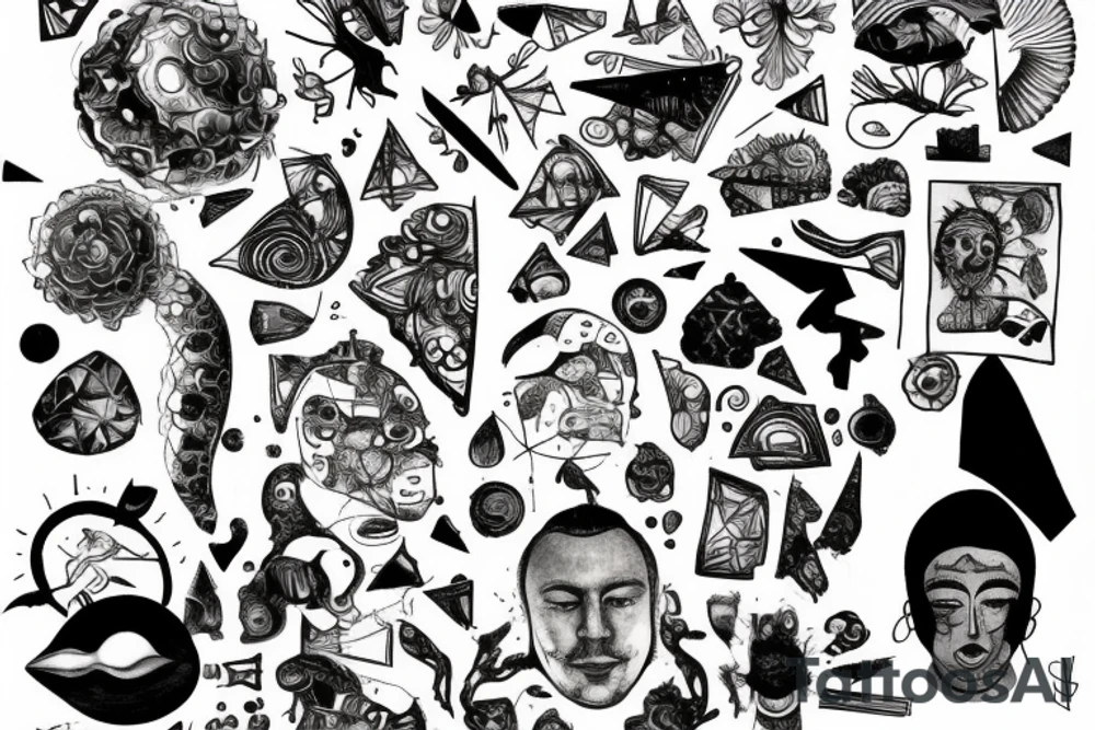 small piece of art about 
macro decompression in the form of pieces falling off a person that is beginning to form their consciousness on left forearm tattoo idea
