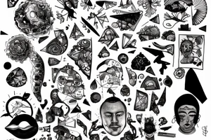 small piece of art about 
macro decompression in the form of pieces falling off a person that is beginning to form their consciousness on left forearm tattoo idea